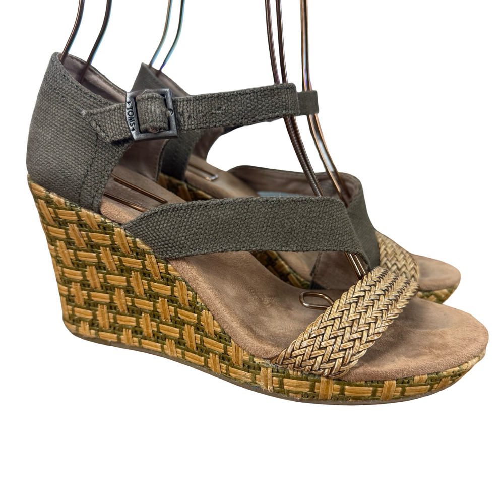 Toms Clarissa Wedge Olive Tan Wedge Sandals Canvas Summer Casual Shoes sz 6.5
